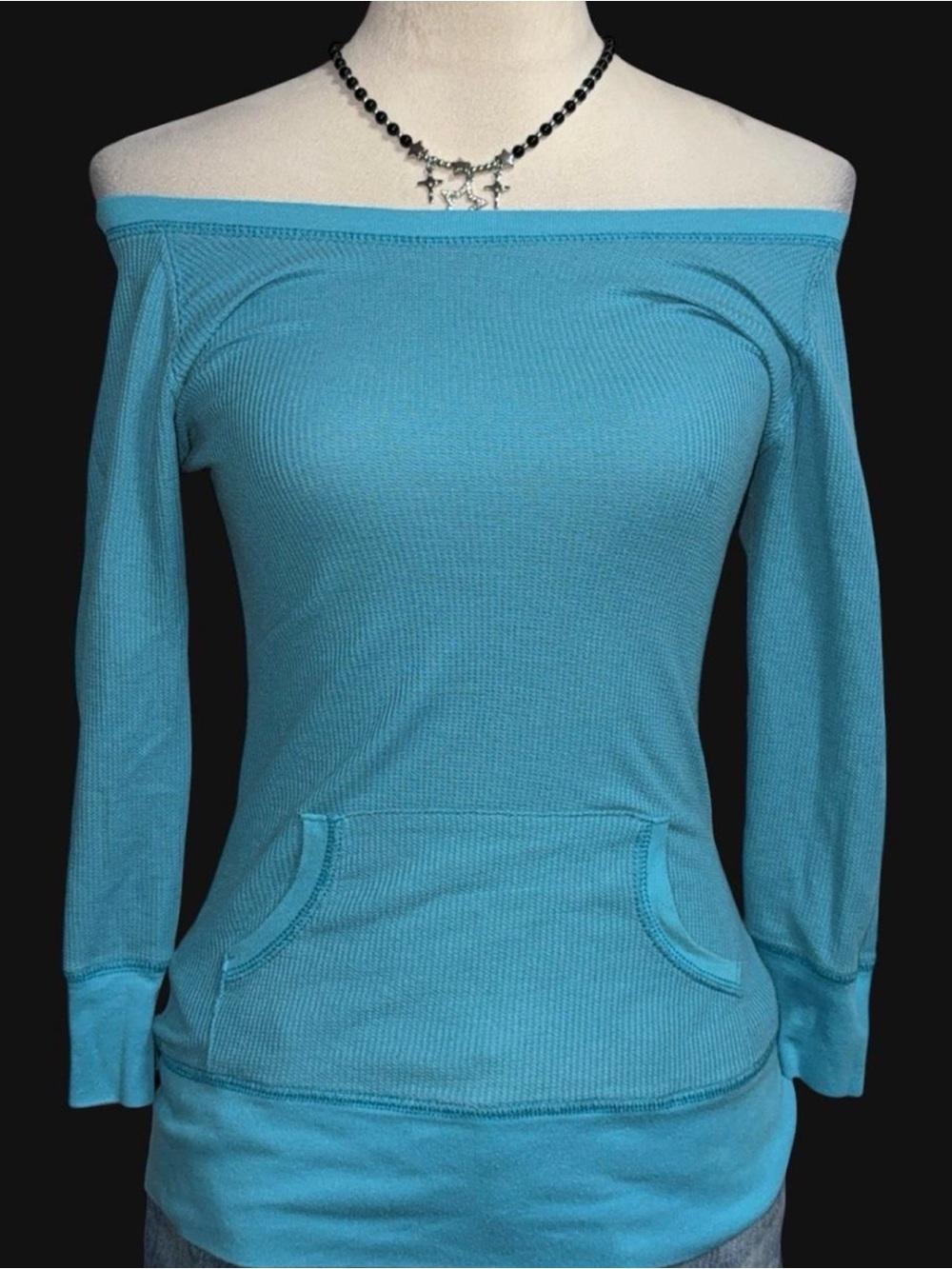 anchor blue Off-Shoulder Long Sleeve Top - Turquoise Blue